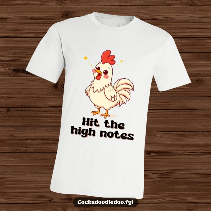 Funny rooster t-shirt featuring a rooster with a comical, exaggerated expression, head back singing with gusto.