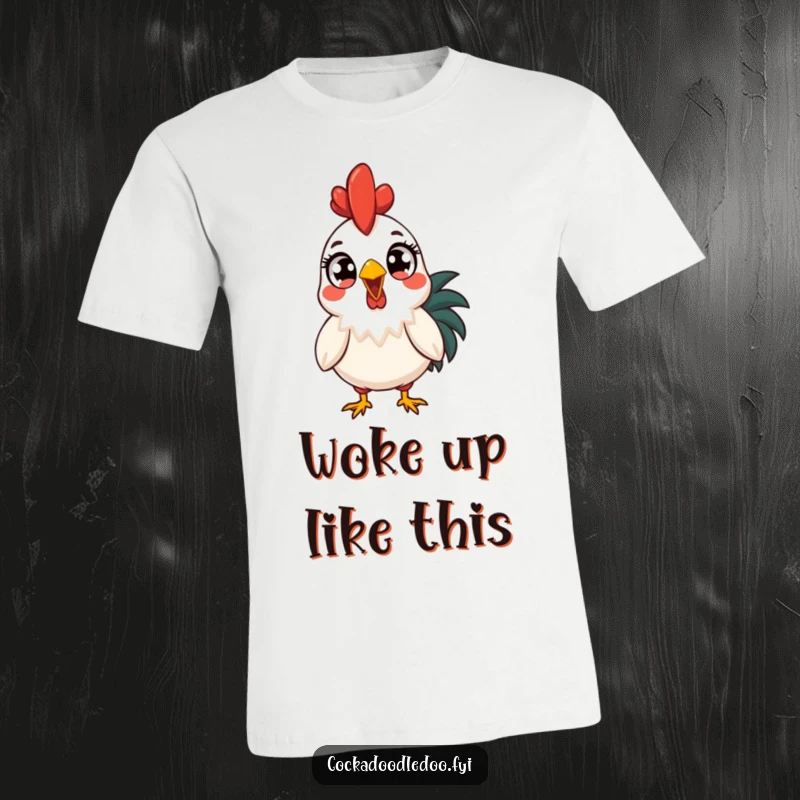 Funny surprised rooster t-shirt, wide-eyed at the morning sun. Ideal for those who are shocked by early mornings, a hilarious gift.