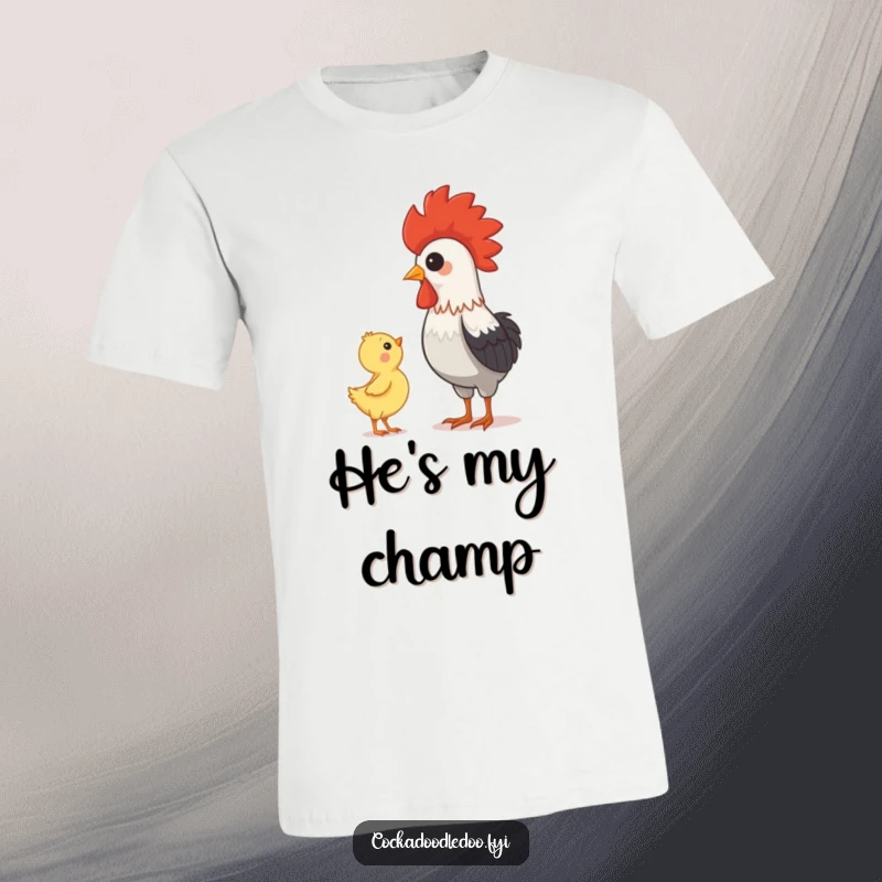 Funny illustration of a baby chick looking up with admiration at a proud rooster, featured on a t-shirt.