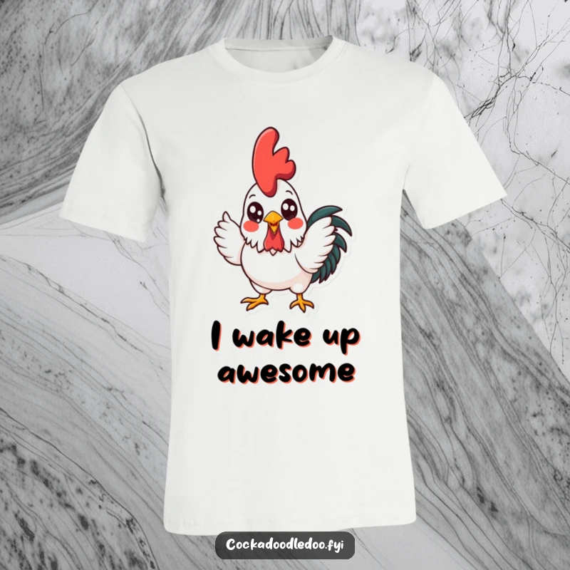 Funny, bright-eyed kawaii rooster character crowing with gusto on a t-shirt, celebrating morning energy and cute vibes.