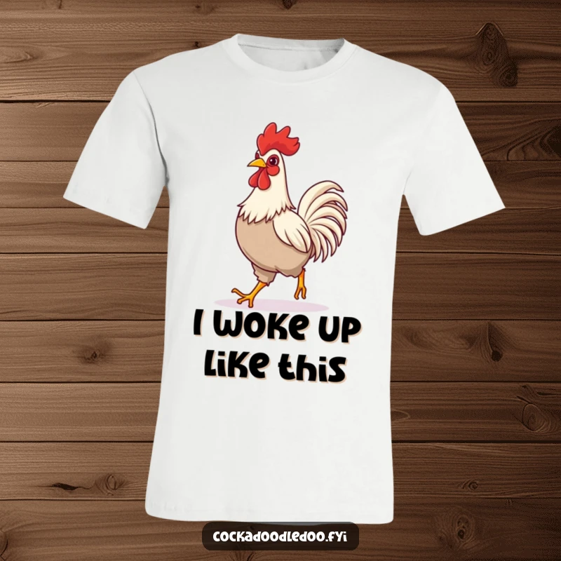 Funny t-shirt with a rooster doing a confident, happy stride, embodying pure joy and a cheerful spirit for gift-givers.