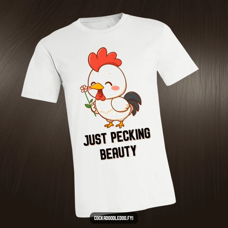 Funny Kawaii rooster t-shirt boasting a cheerful character proudly holding a delicate tiny flower. A symbol of joy and cuteness.