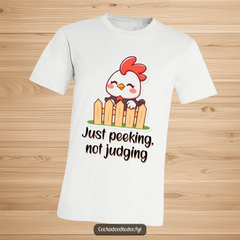 Funny Kawaii Rooster T-Shirt: Mischievous rooster peeking with a wink, a playful and humorous design for t-shirt lovers.