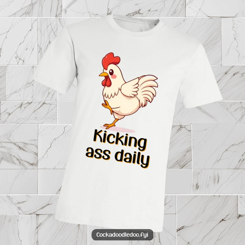 Funny Kawaii Rooster T-Shirt depicting a happy bird in mid-air, legs kicking wildly with infectious, over-the-top energy.