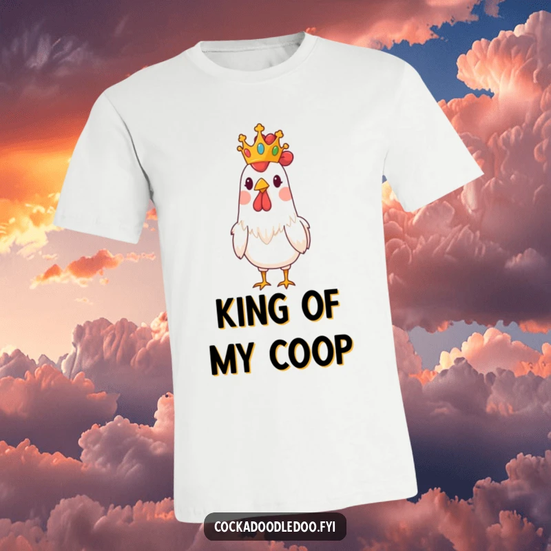 Funny t-shirt graphic of a rooster wearing a tiny crown, exuding a funny sense of royal self-importance.