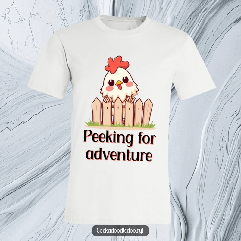Funny t-shirt depicting a rooster excitedly peeking over a tiny fence, showcasing its curious and adventurous nature.