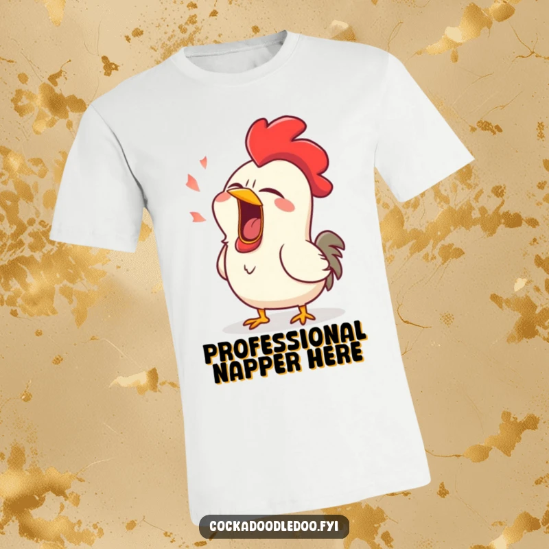 Funny t-shirt graphic of a rooster caught in a huge, comical yawn, looking utterly exhausted and ready for bed.