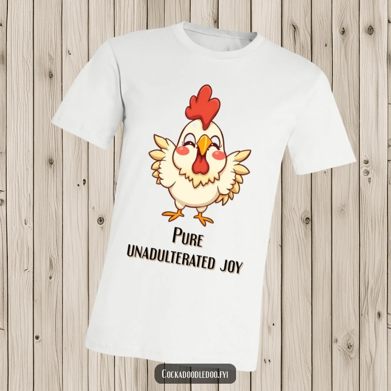 Funny t-shirt with a stylized rooster showing an exaggerated joyful expression, perfect for a vibrant and humorous statement.