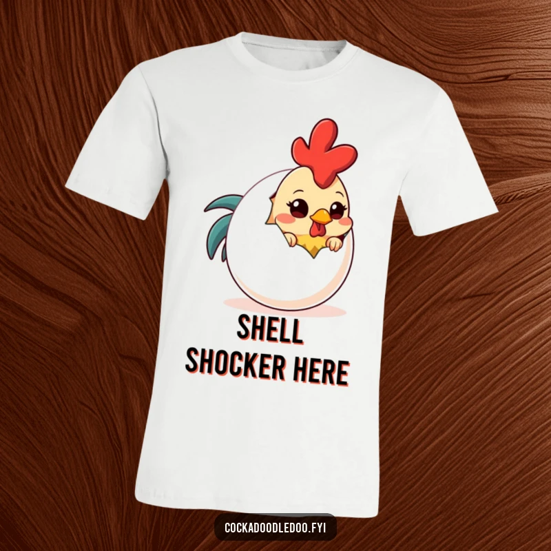 Funny Shy Rooster Peeking T-Shirt: A humorous tee featuring a timid rooster's head peeking over an oversized egg.
