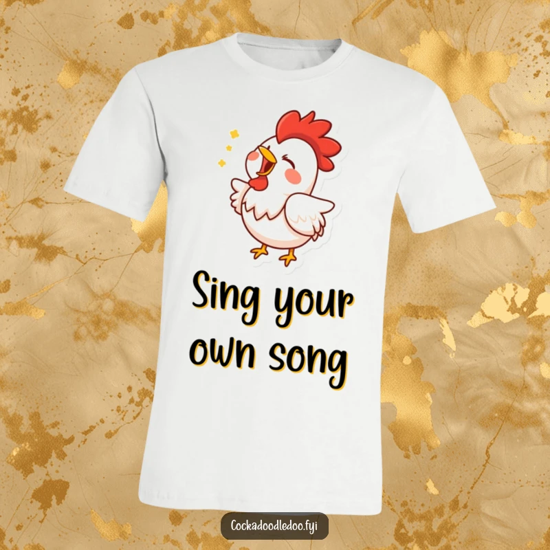 Funny t-shirt featuring a rooster character joyfully singing with its beak wide open and eyes closed, capturing a moment of pure bliss.