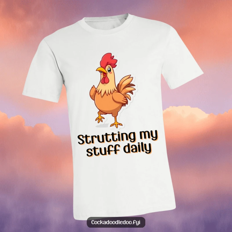 Funny Kawaii Rooster T-Shirt: Cute rooster character with a proud strut and a wide, beaming beak, radiating pure happiness.