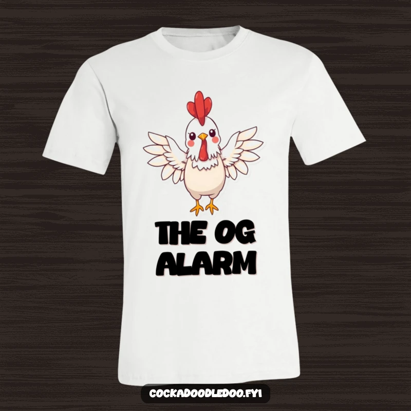 Funny kawaii rooster t-shirt featuring a cheerful rooster with wings spread wide, offering a funny greeting.