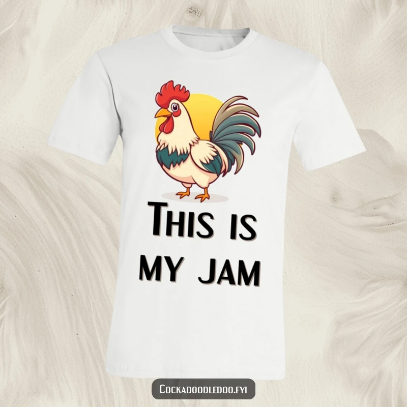 Funny rooster t-shirt showing a cheerful bird with a wide beak crowing loudly at the vibrant rising sun.