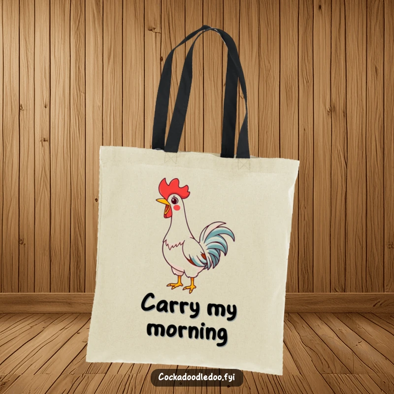 Funny Kawaii Rooster Tote Bag, featuring a happy rooster stretching its neck to crow, ideal for shopping.