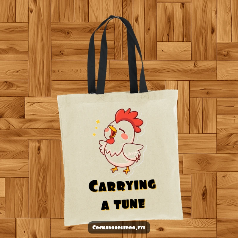 Funny tote bag featuring a rooster enthusiastically singing with its beak open, ready to carry your essentials and good vibes.