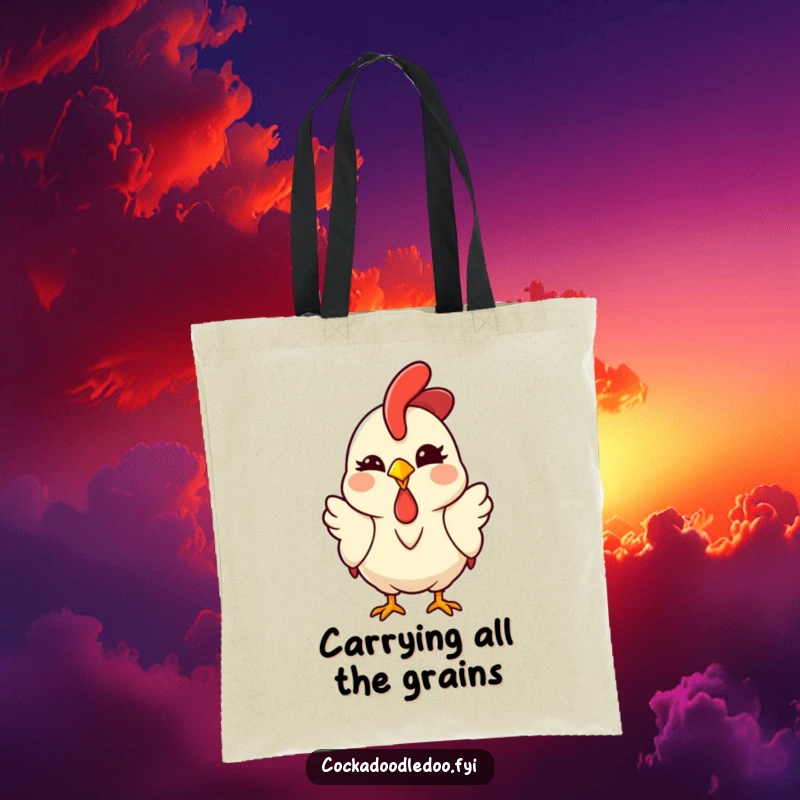 Funny Kawaii Rooster Tote Bag featuring a cute cartoon chicken winking with a knowing smile, useful and humorous for daily use.