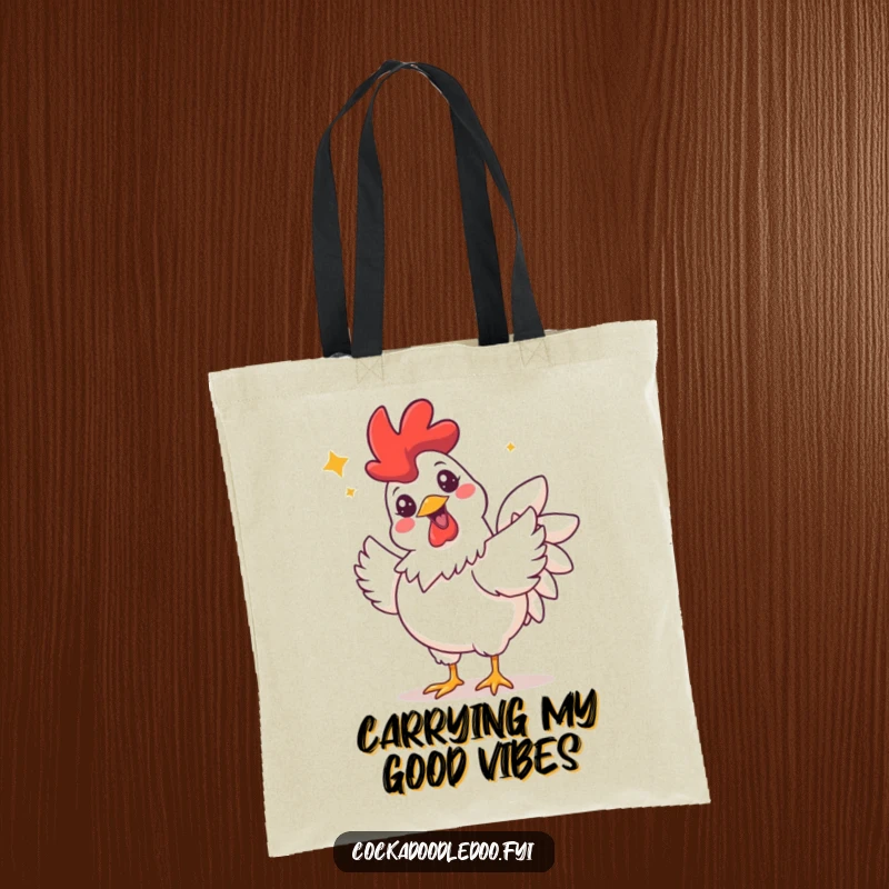Funny tote bag showing a rooster smiling broadly with sparkling eyes, doing a happy celebratory flutter, perfect for joy.