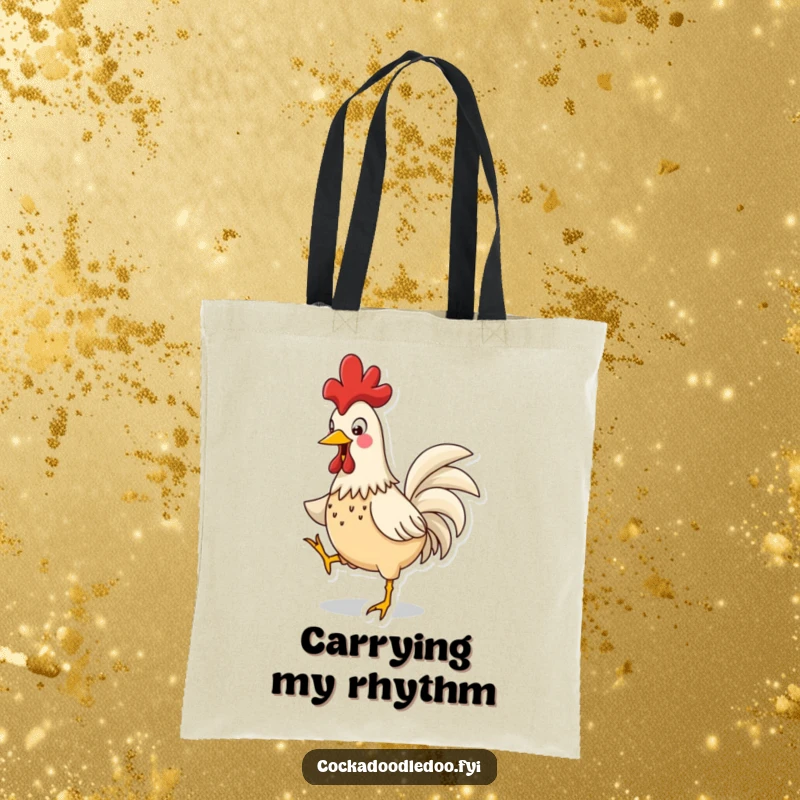 Funny Rooster Jig Tote Bag: A sturdy bag decorated with a funny rooster doing a jig, comb bobbing rhythmically.
