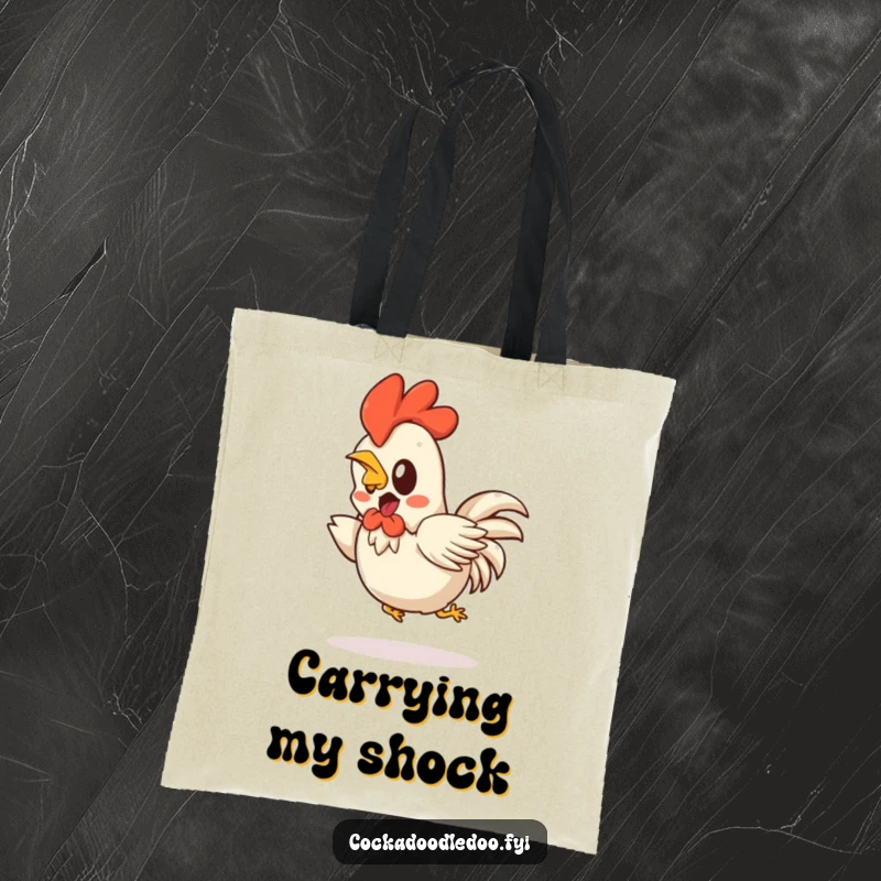 Funny Kawaii rooster tote bag showing a startled character hopping backwards comically. A humorous and functional accessory.