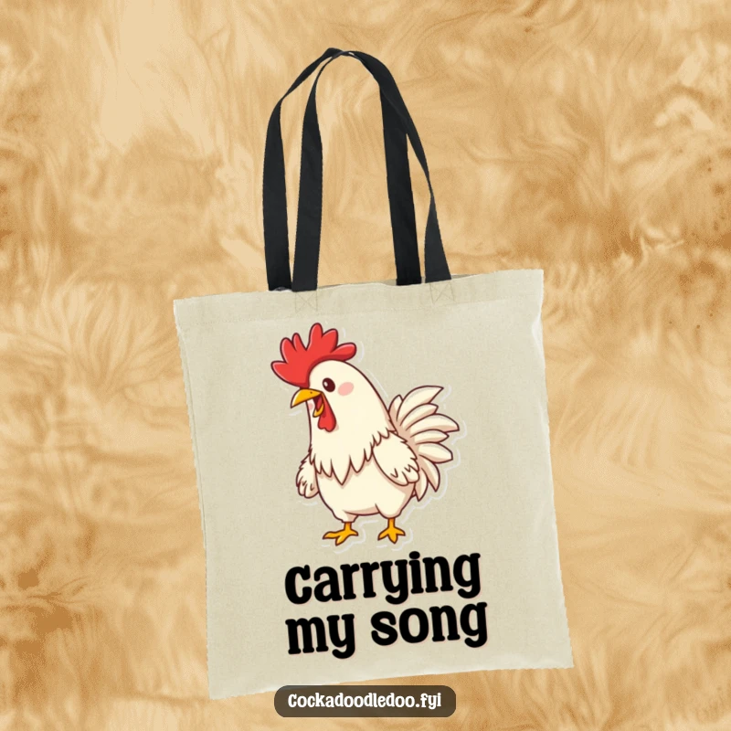 Funny Determined Rooster Crowing Tote Bag: A practical tote with a cheerful rooster energetically crowing, ready for anything.