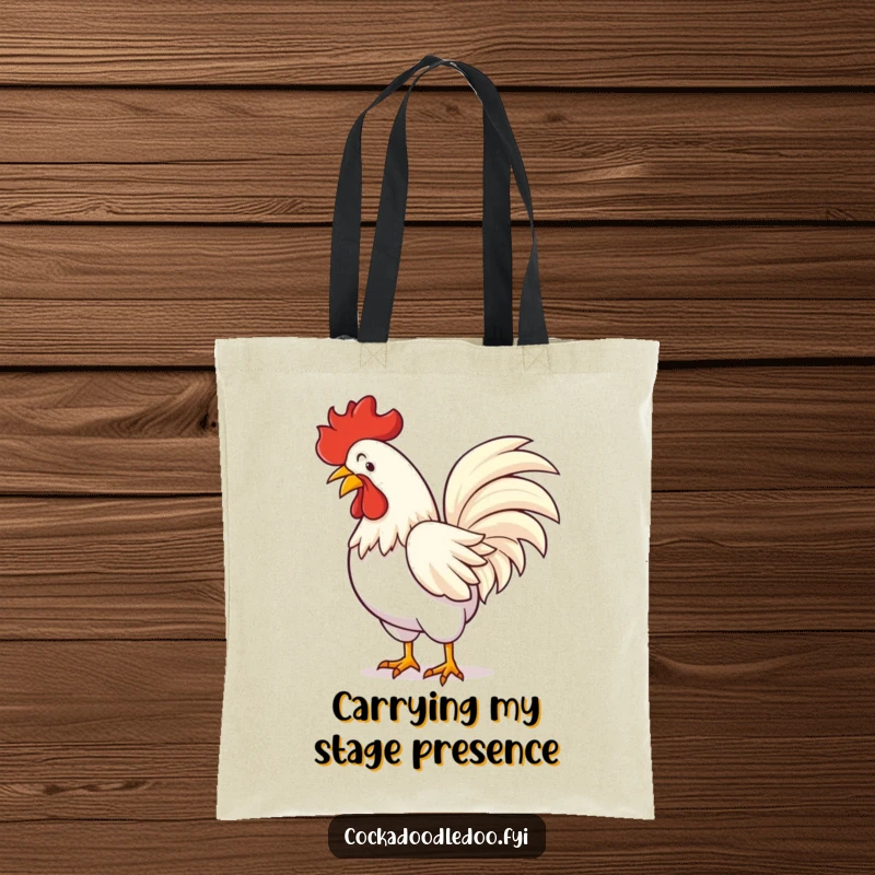 Funny tote bag featuring a rooster executing a flamboyant bow, his tail feathers spread wide in a grand gesture.