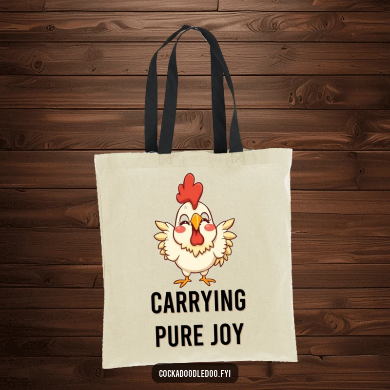 Funny tote bag featuring a stylized rooster with an exaggerated joyful expression, perfect for carrying items with cheer.