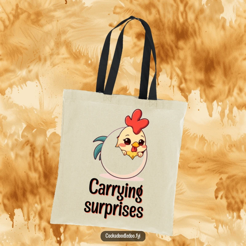 Funny Shy Rooster Egg Tote Bag: A cute tote bag featuring a shy rooster peeking from behind a giant egg.