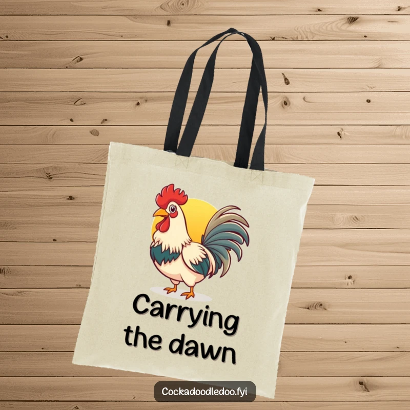 Funny rooster tote bag with a cheerful bird crowing at the sunrise, perfect for carrying daily items.