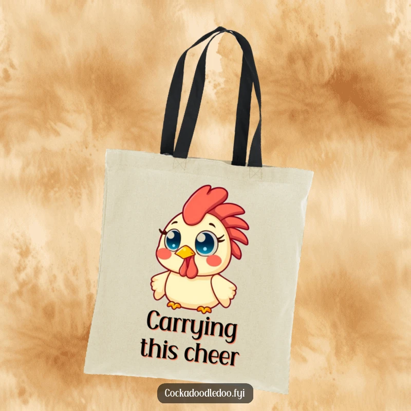 Funny Kawaii Rooster Tote Bag showcasing a happy rooster with wide, bright eyes, beaming with infectious and genuine morning cheer.