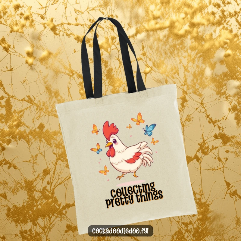 Funny tote bag featuring a playful Kawaii rooster character with a wide grin, energetically chasing butterflies.