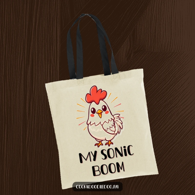 Funny, stylized rooster mid-crow with energetic lines, adorning a durable tote bag for powerful and stylish everyday use.