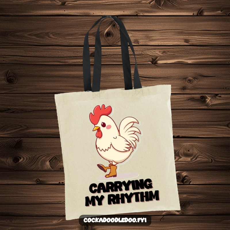Funny Kawaii Rooster Boots Tote Bag: Cute rooster character wearing tiny boots, tapping its foot rhythmically, ideal for humorous, musical accessory carrying.