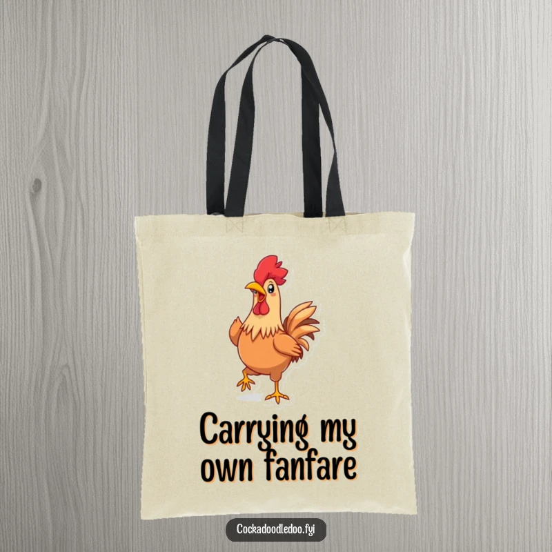 Funny Kawaii Rooster Tote Bag: Cute rooster character strutting proudly, beak open wide in a happy, cheerful manner for a fun accessory.