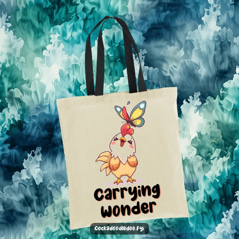 Funny Kawaii rooster tote bag showing a giggling character looking up at a soaring butterfly. Whimsical and practical.