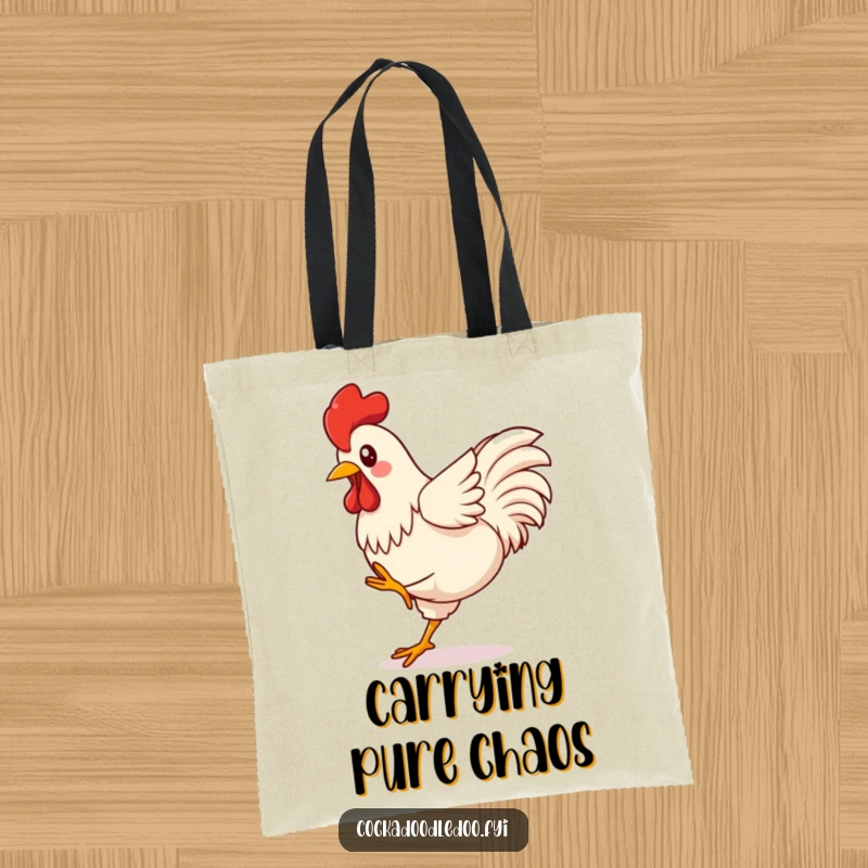 Funny Kawaii Rooster Tote Bag showcasing a happy rooster kicking its legs with boundless, infectious, and playful energy.