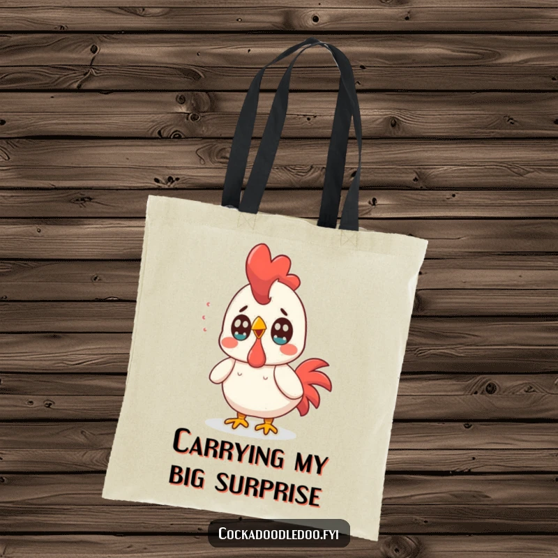 Funny Kawaii Rooster Tote Bag: Surprised rooster with wide eyes, a humorous and practical tote for everyday use.