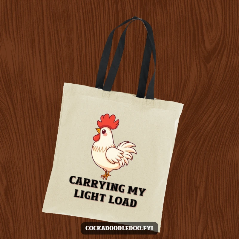 Funny tote bag with a single, proud rooster feather gracefully floating down in a playful swirl, adding elegance.