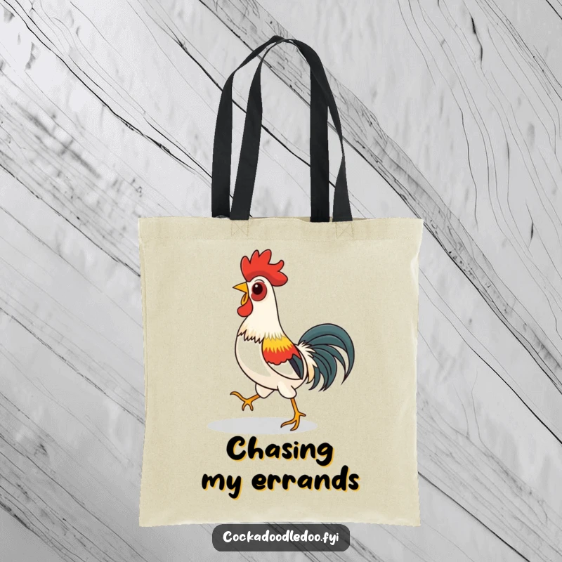 Funny tote bag featuring a rooster playfully chasing its shadow, perfect for carrying items with a dose of humor.
