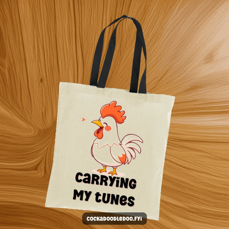 Funny Rooster Tote Bag: A cartoon rooster with a golden comb, singing loudly, perfect for carrying items with flair.