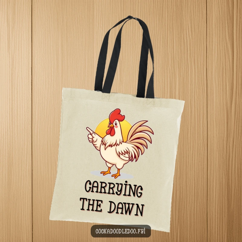 Funny rooster tote bag with an enthusiastic rooster pointing towards a sunrise, great for shopping.
