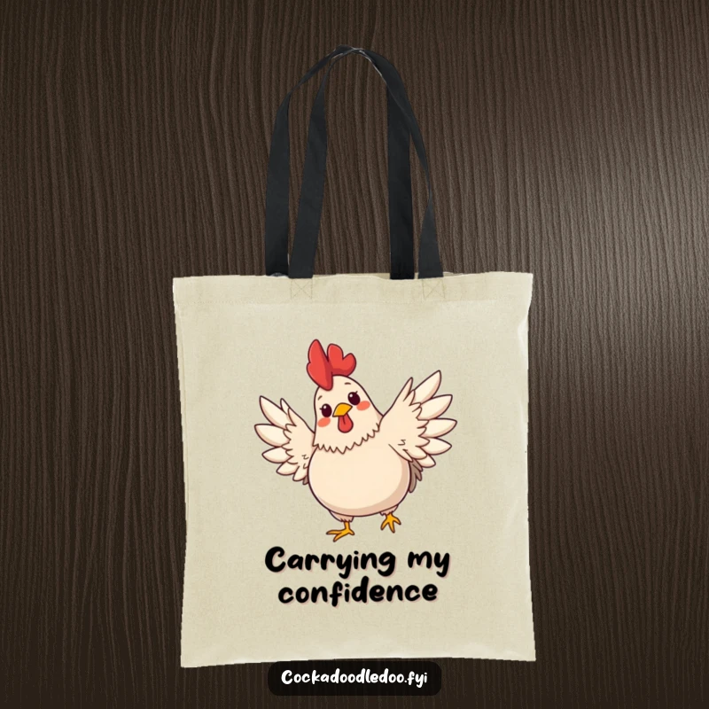 Funny tote bag: a plump, cute rooster with a cheerful expression stretching its wings wide. Ready for any task.