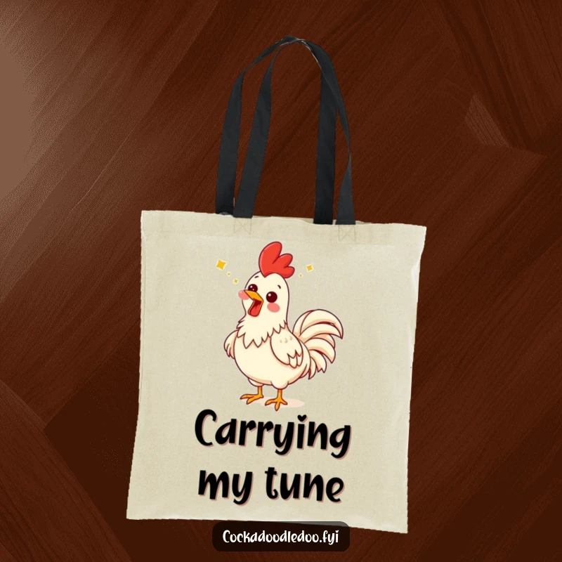 Funny rooster tote bag featuring a rooster with a comical expression throwing its head back in song.