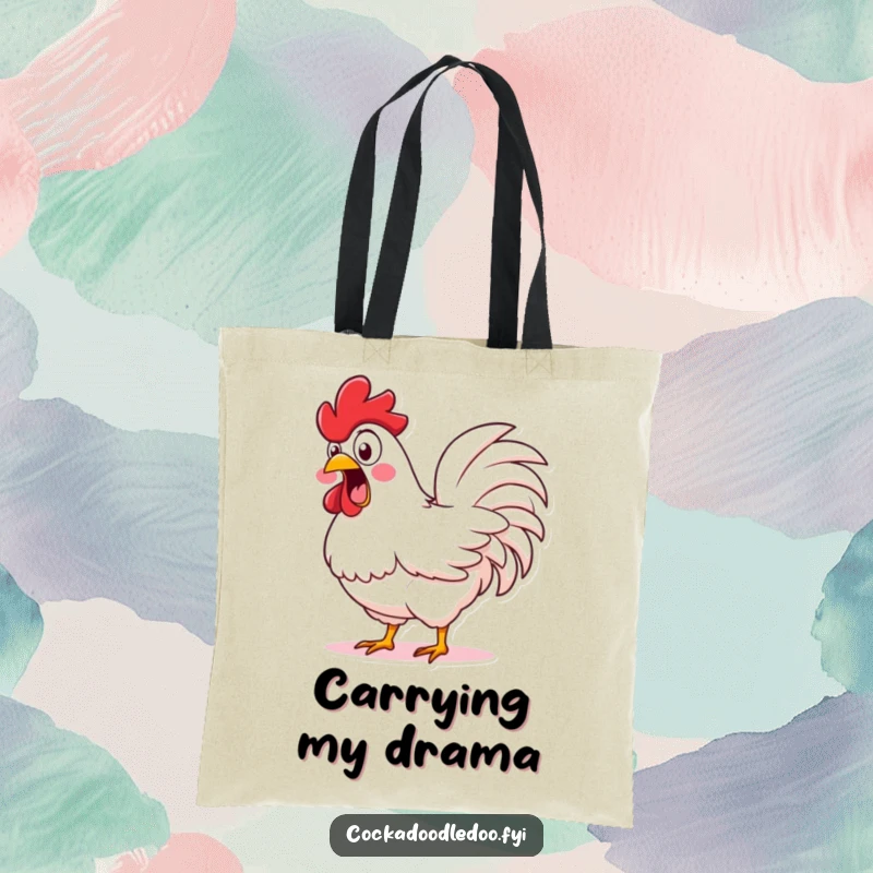 Funny Wide-Eyed Rooster Tote Bag: A sturdy bag showing a rooster with wide eyes, shaking its fluffy tail in surprise.