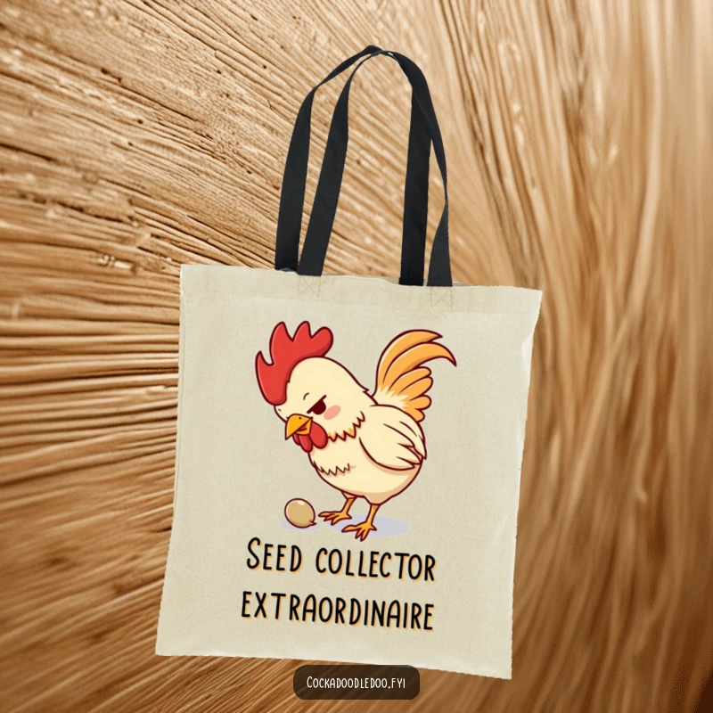 Funny tote bag with a small, determined rooster enthusiastically pecking at a tiny seed, perfect for carrying your humor.