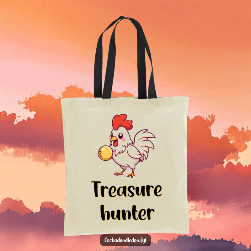 Funny Rooster Tote Bag, showing energetic pecking at a shiny object, great for daily use.