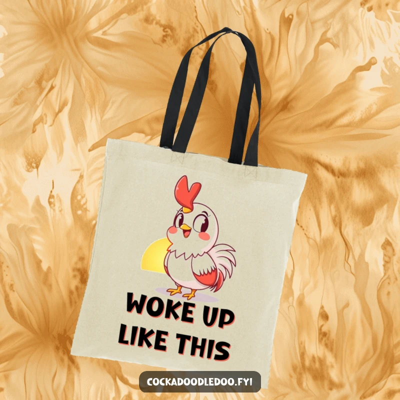 Funny Tote Bag featuring a rooster's awestruck face looking at the sunrise, with a cheerful grin, perfect for daily use.